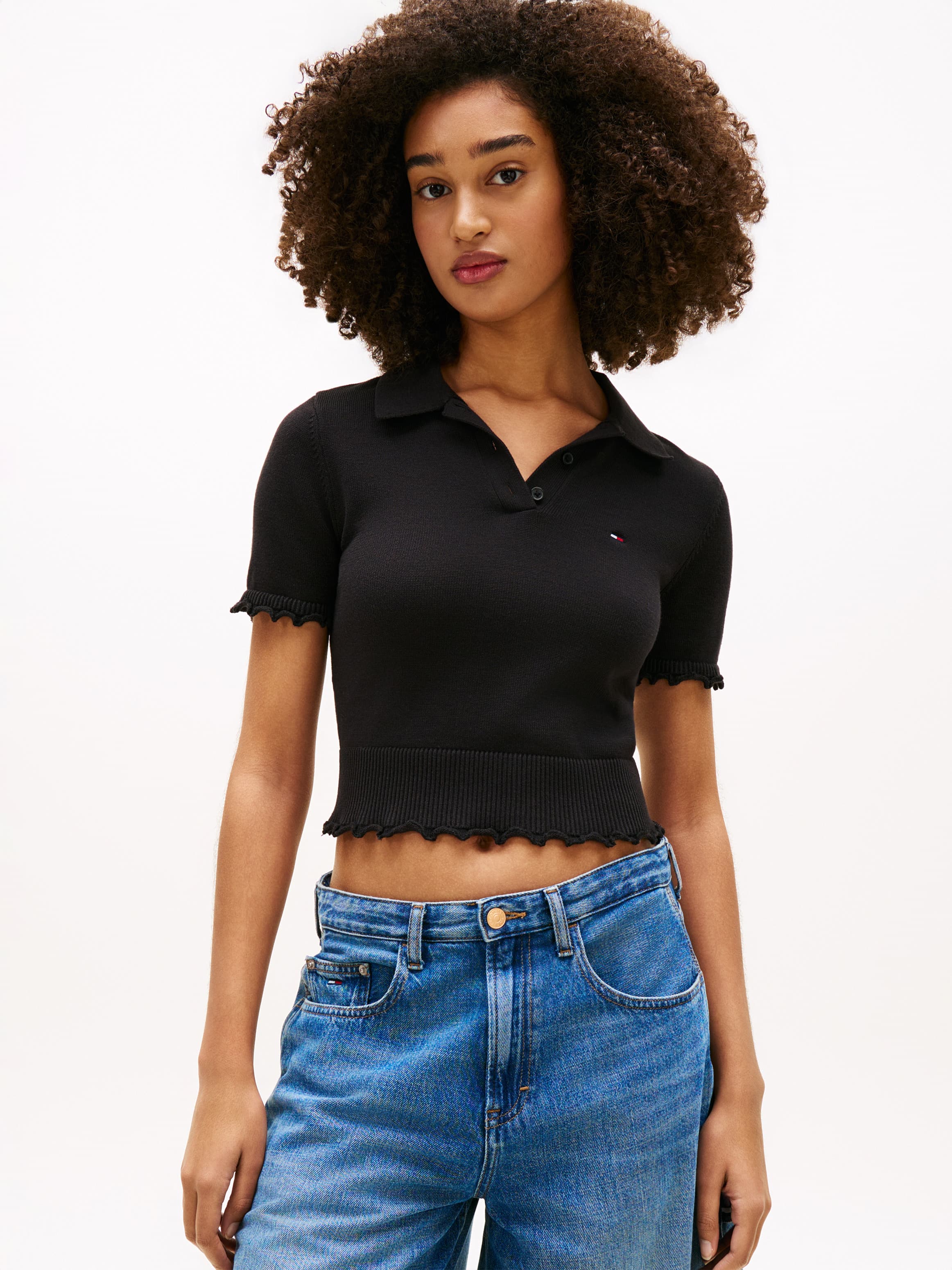 Ruffle Hem Slim Polo Jumper