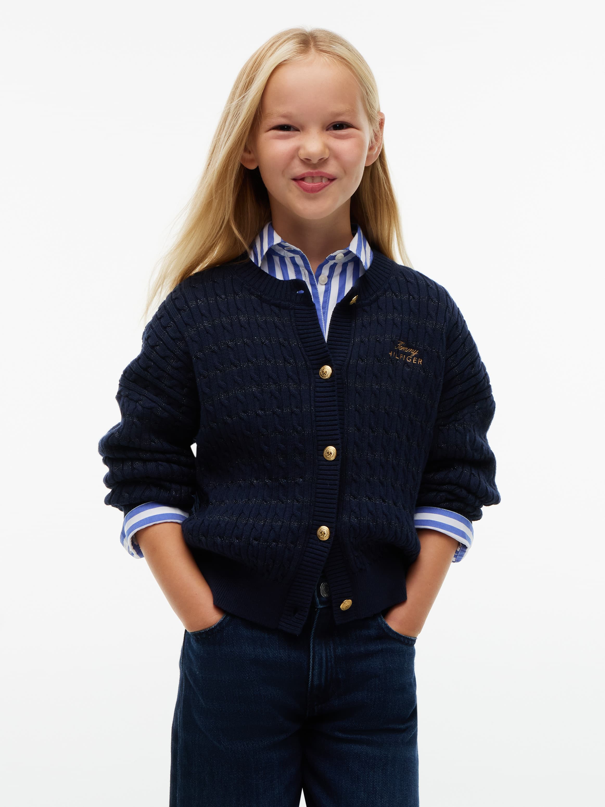 Cable Knit Gold-Tone Button Relaxed Cardigan