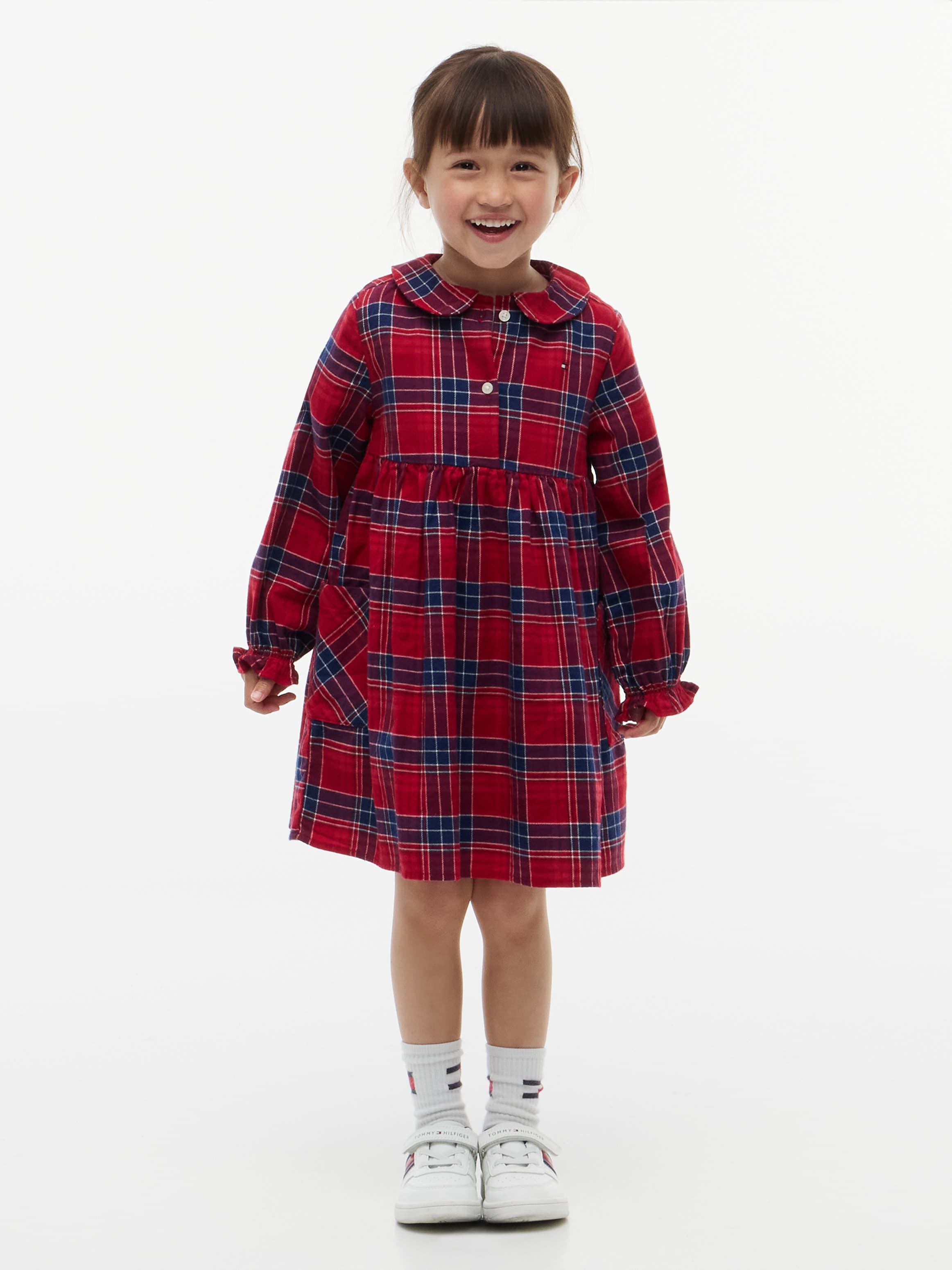 Check Flag Embroidery Ruffle Cuff Dress