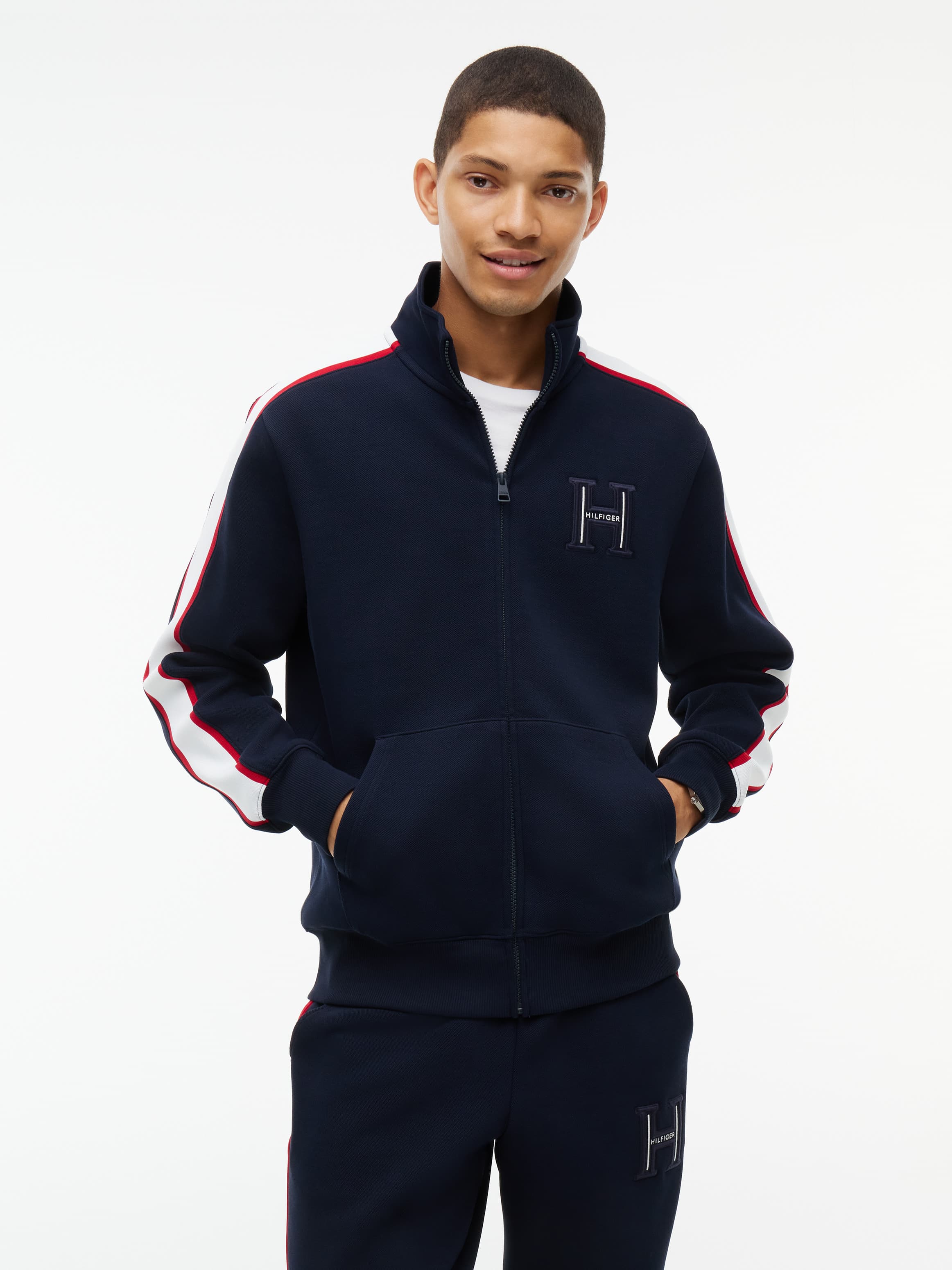 Contrast Stripe Pique Zip-Thru Sweatshirt