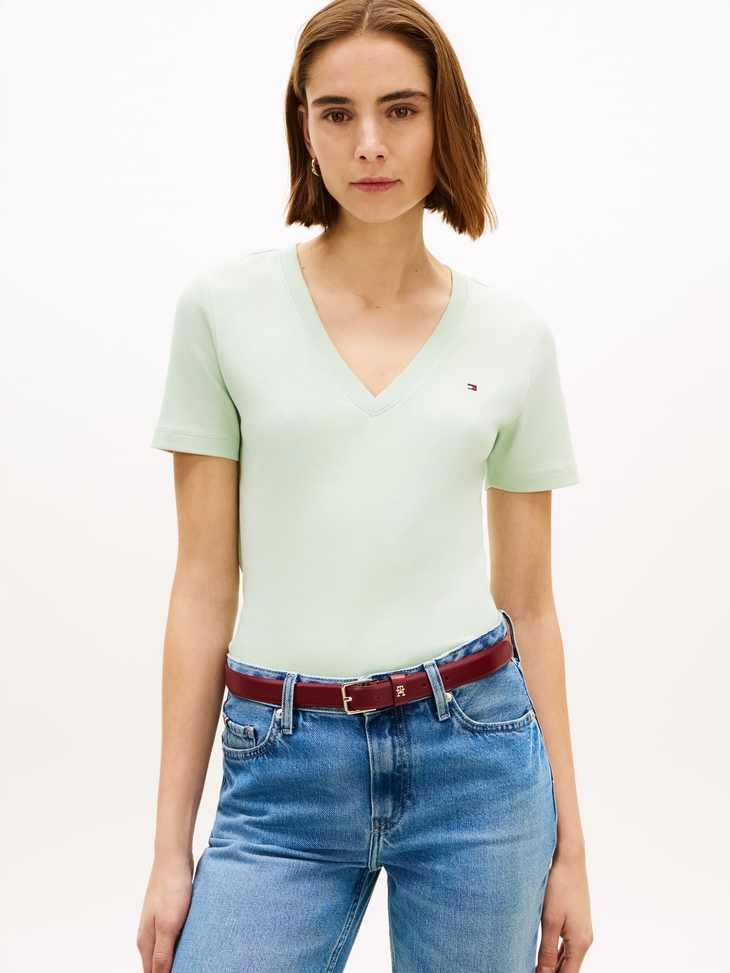 Flag Embroidery V-Neck Slim T-Shirt