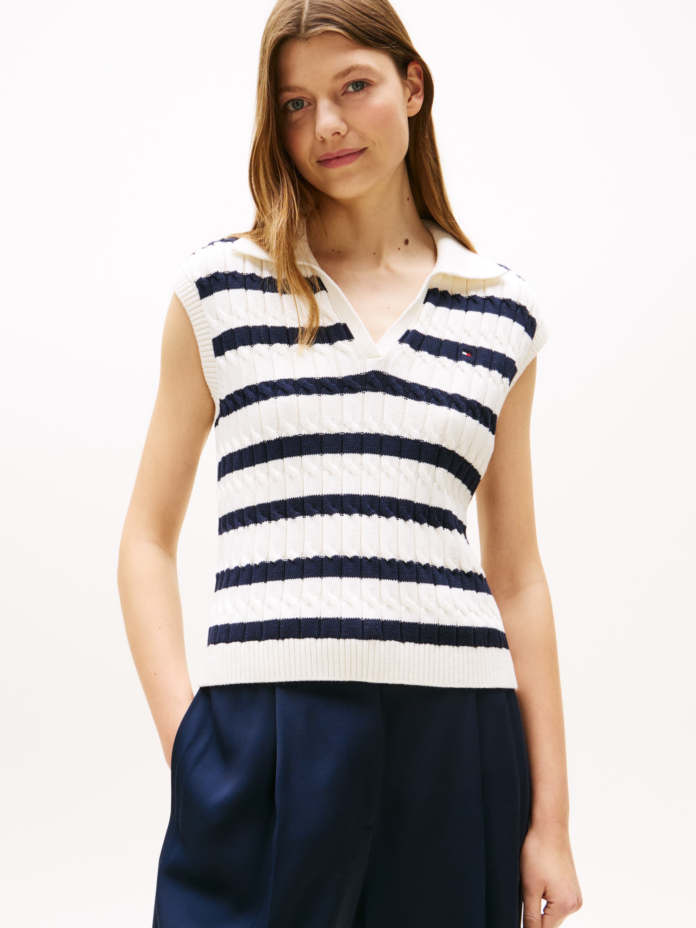 Cable Knit Sleeveless Polo Jumper