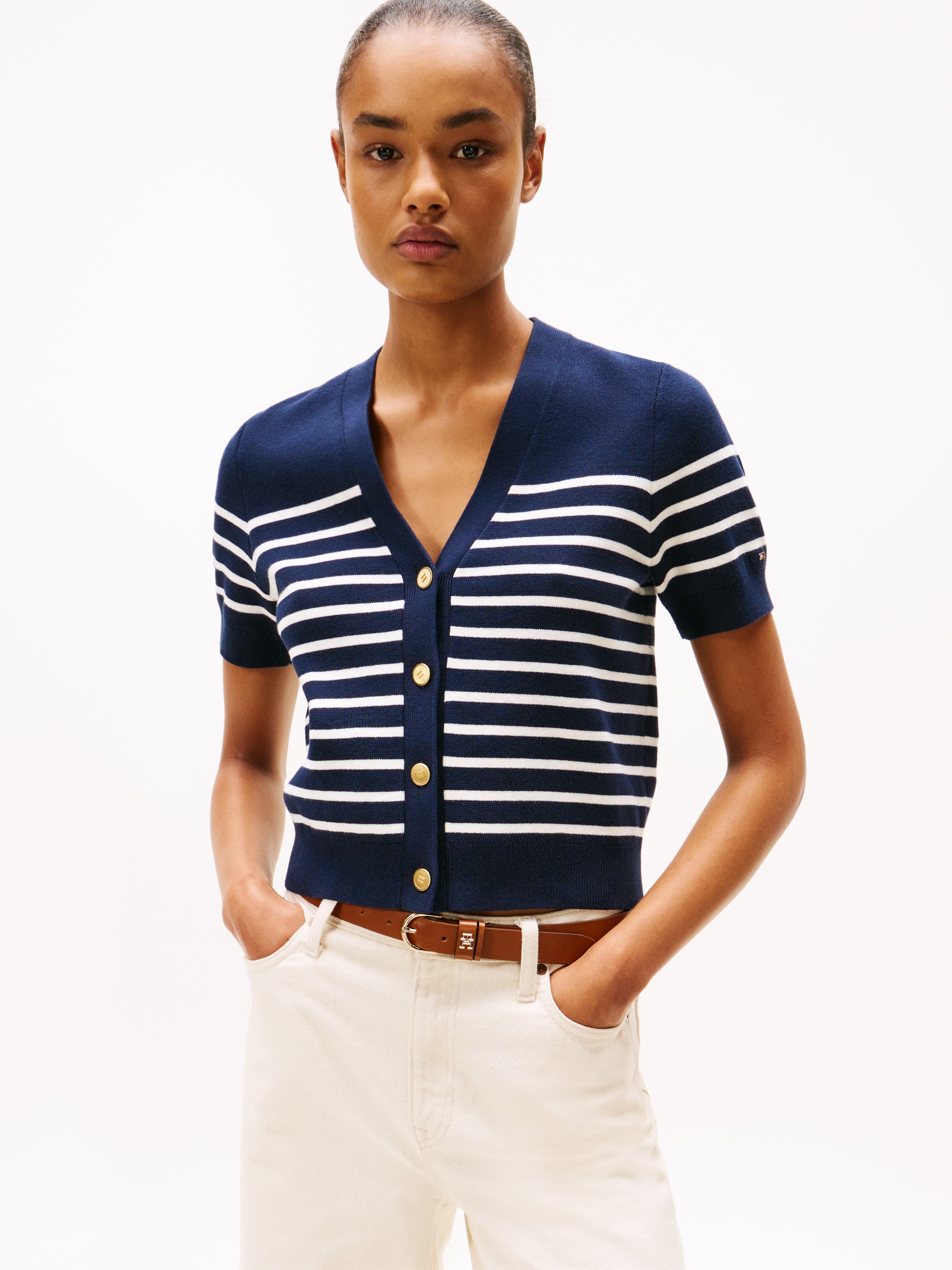 Jersey Gold-Tone Button Short Sleeve Cardigan
