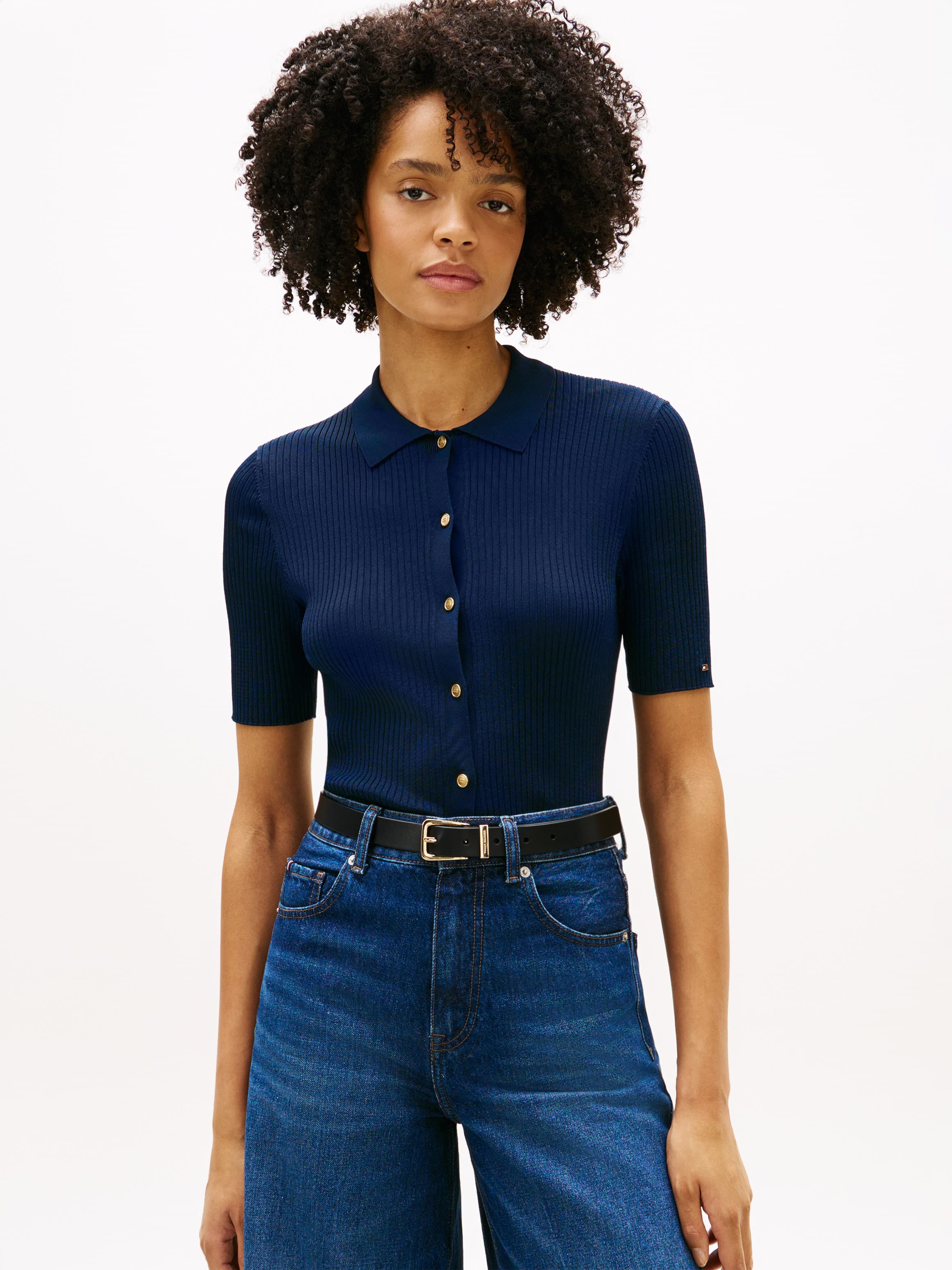 Ribbed Slim Short Sleeve Polo Cardigan