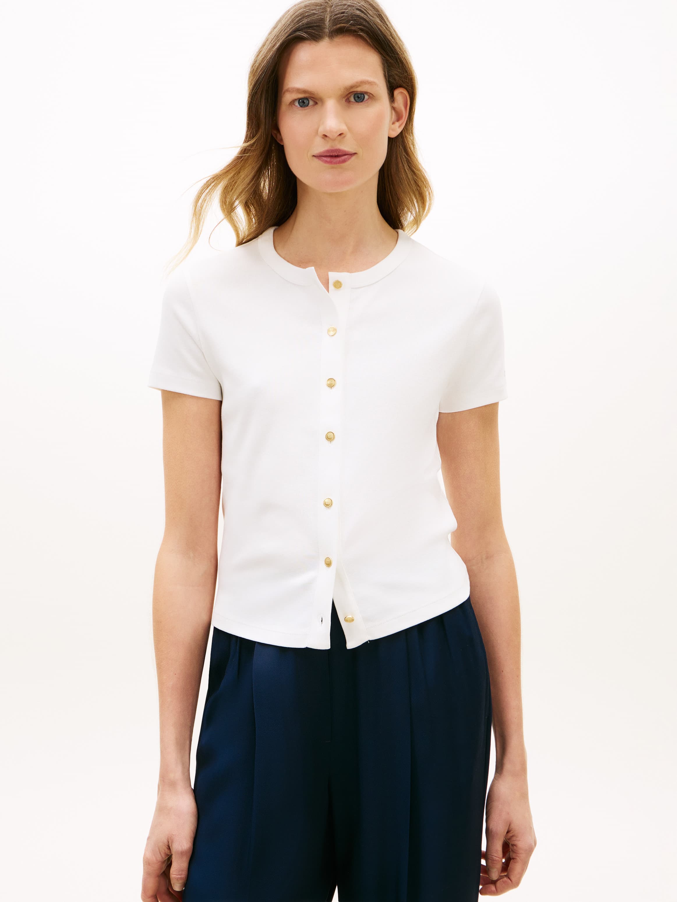 Gold-Tone Button-Thru Slim T-Shirt