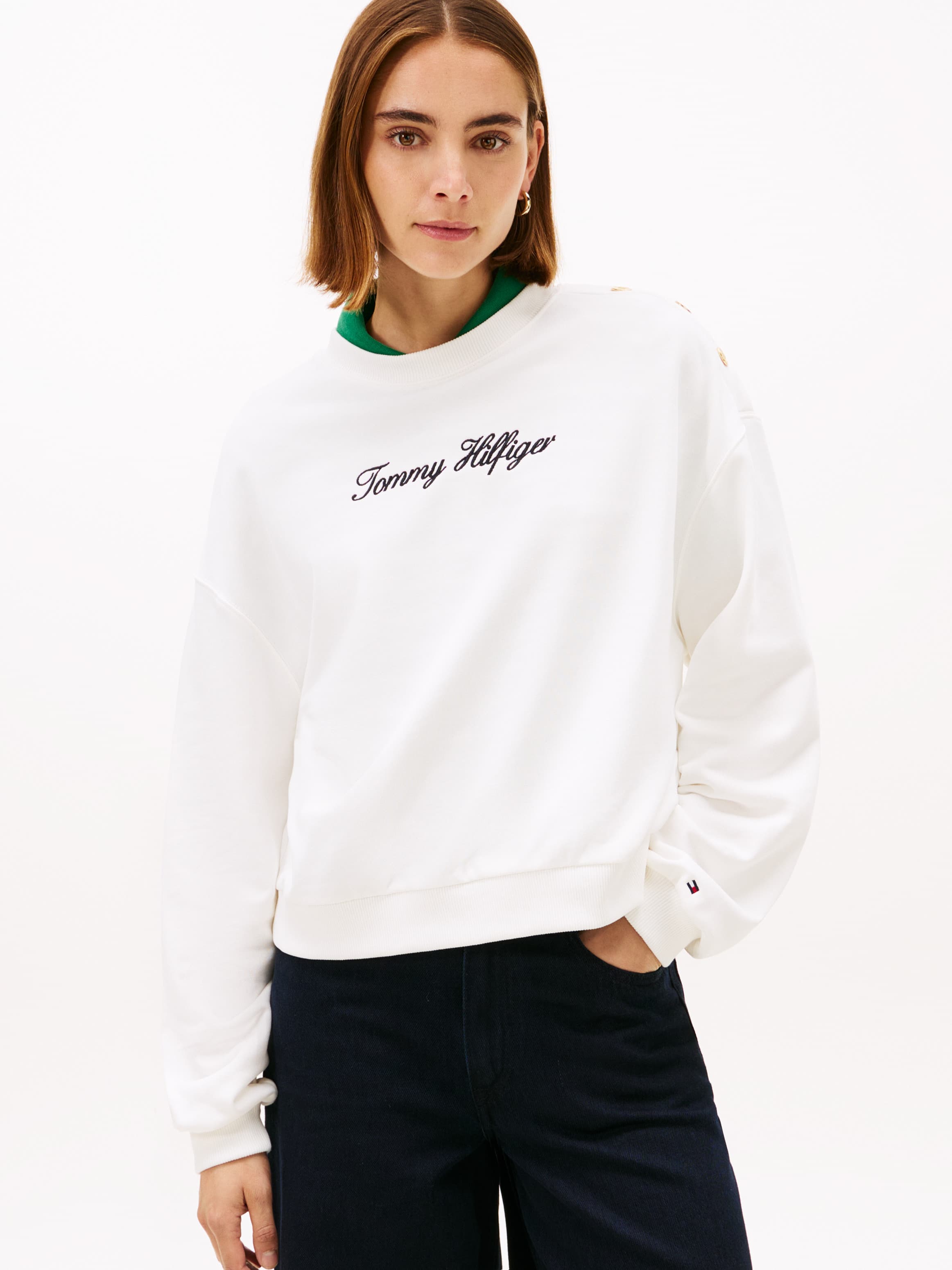 Gold Button Script Terry Pullover Sweatshirt