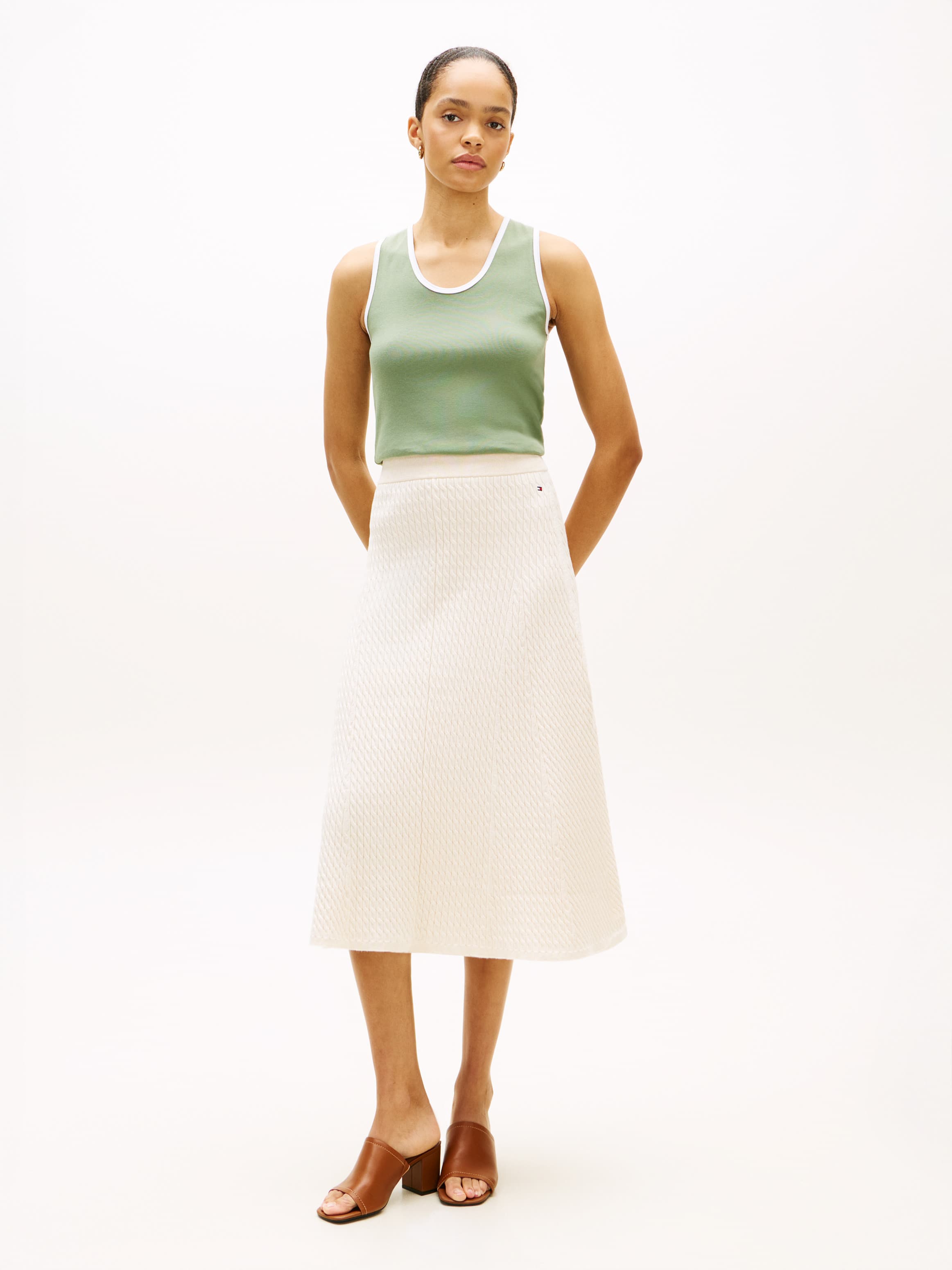 Fine Cable Knit Midi A-Line Skirt