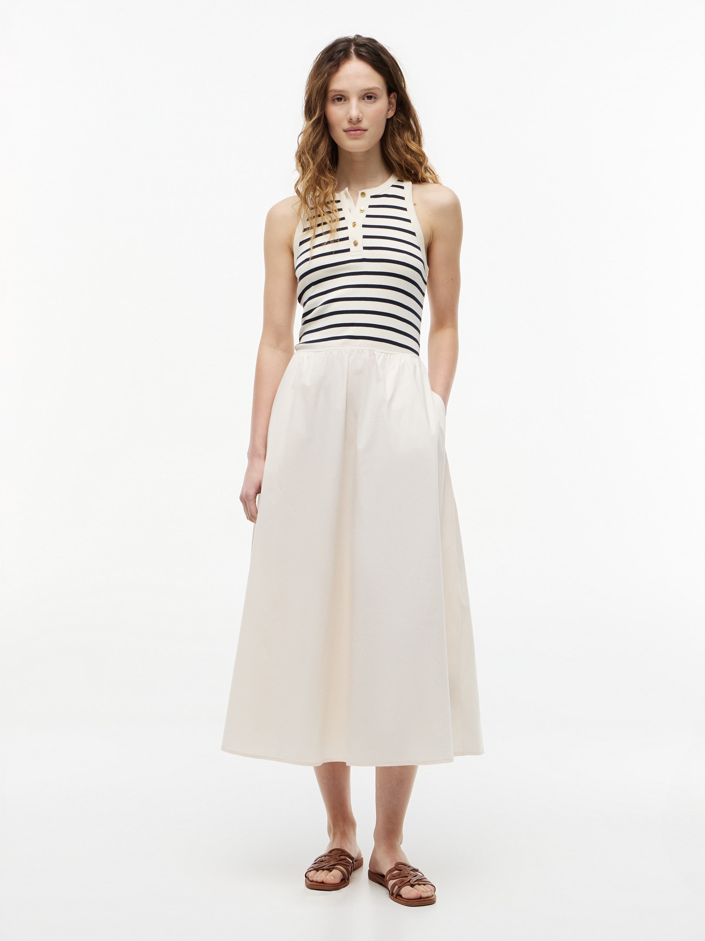 Gold-Tone Button Sleeveless Midi Dress