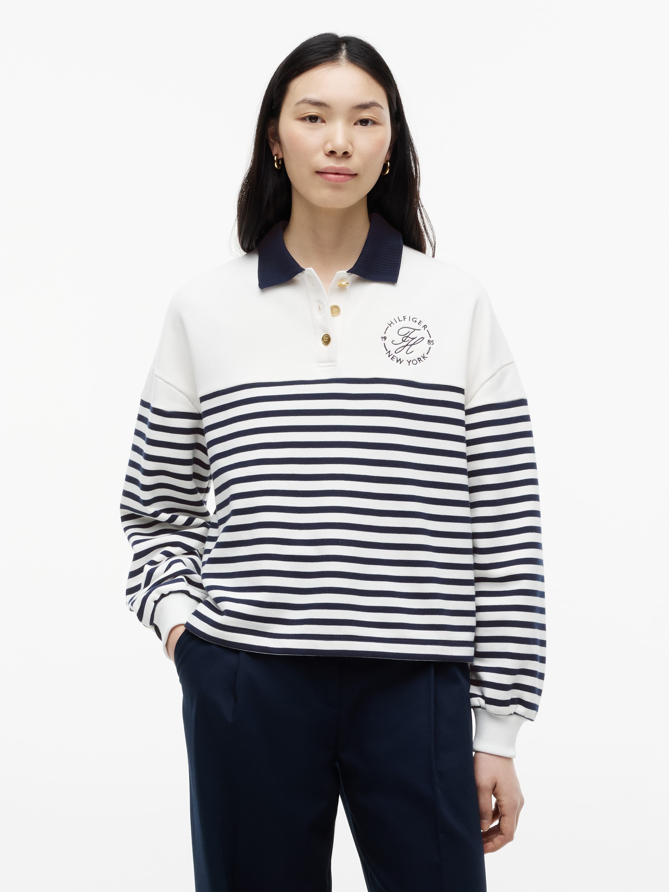 Gold-Tone Button Relaxed Polo Sweatshirt