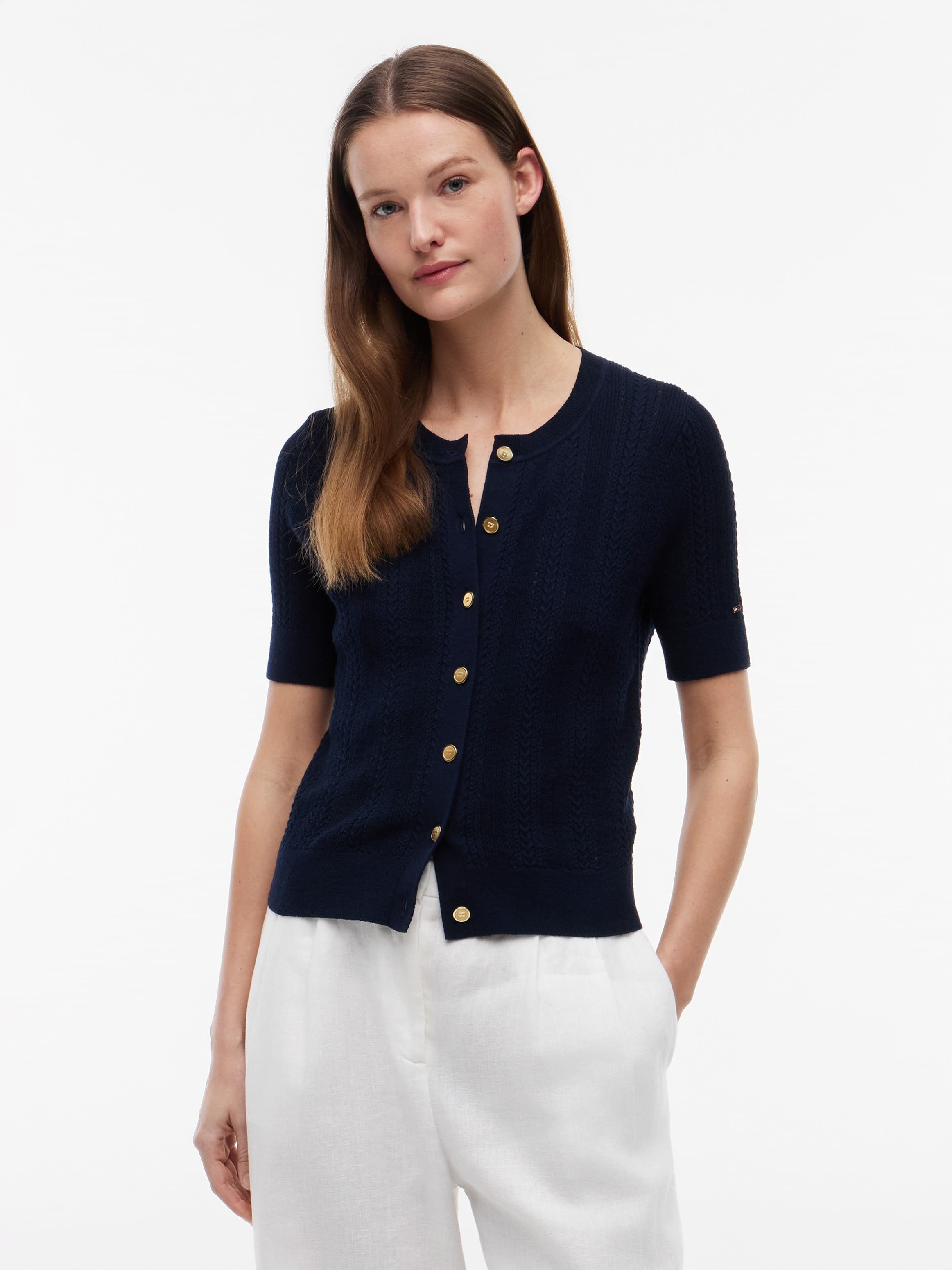 Pointelle Gold-Tone Button Short Sleeve Cardigan