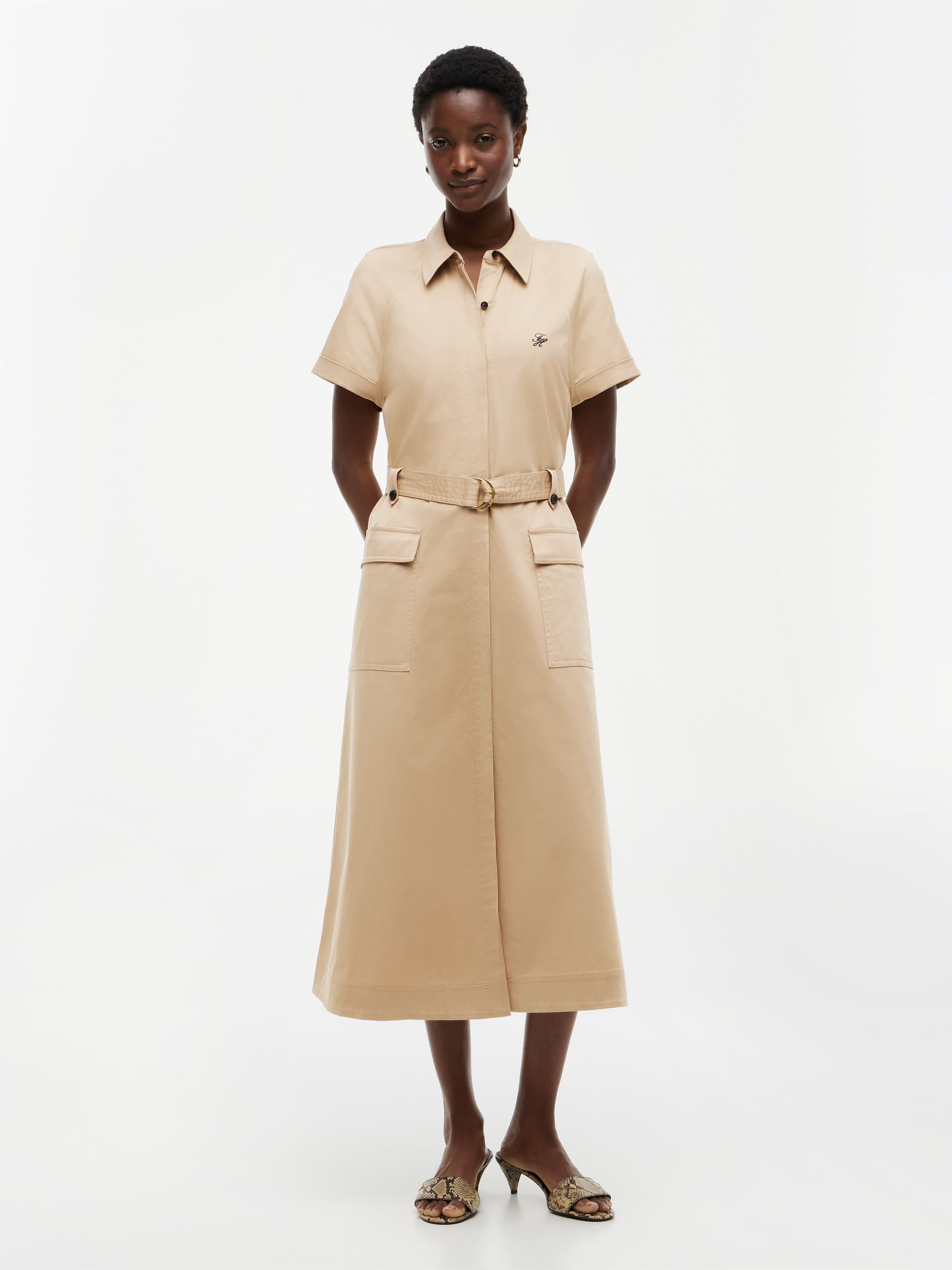 Belted Twill Midi Shirt Dress