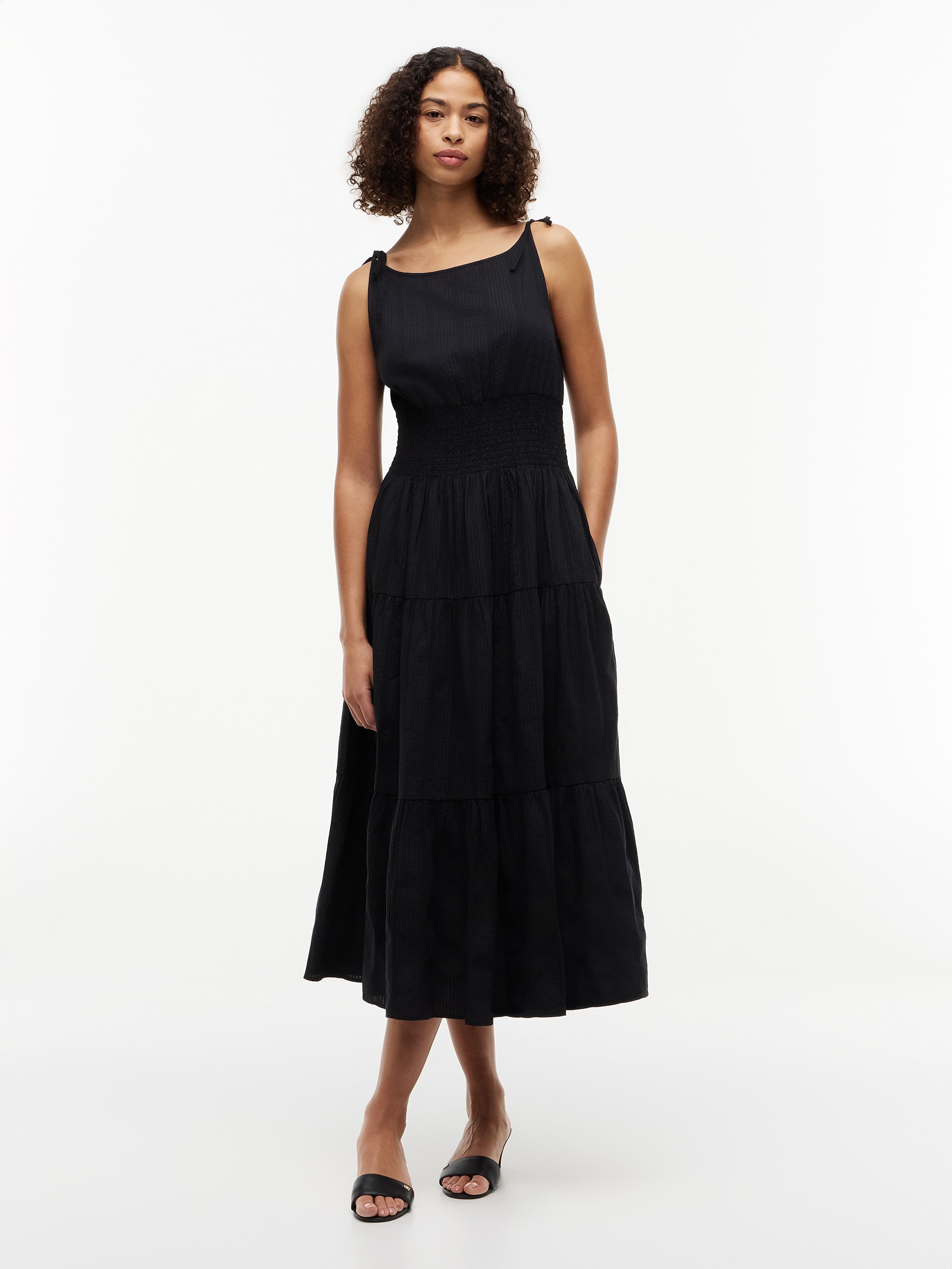 Self-Tie Strap Smock Midi Dress