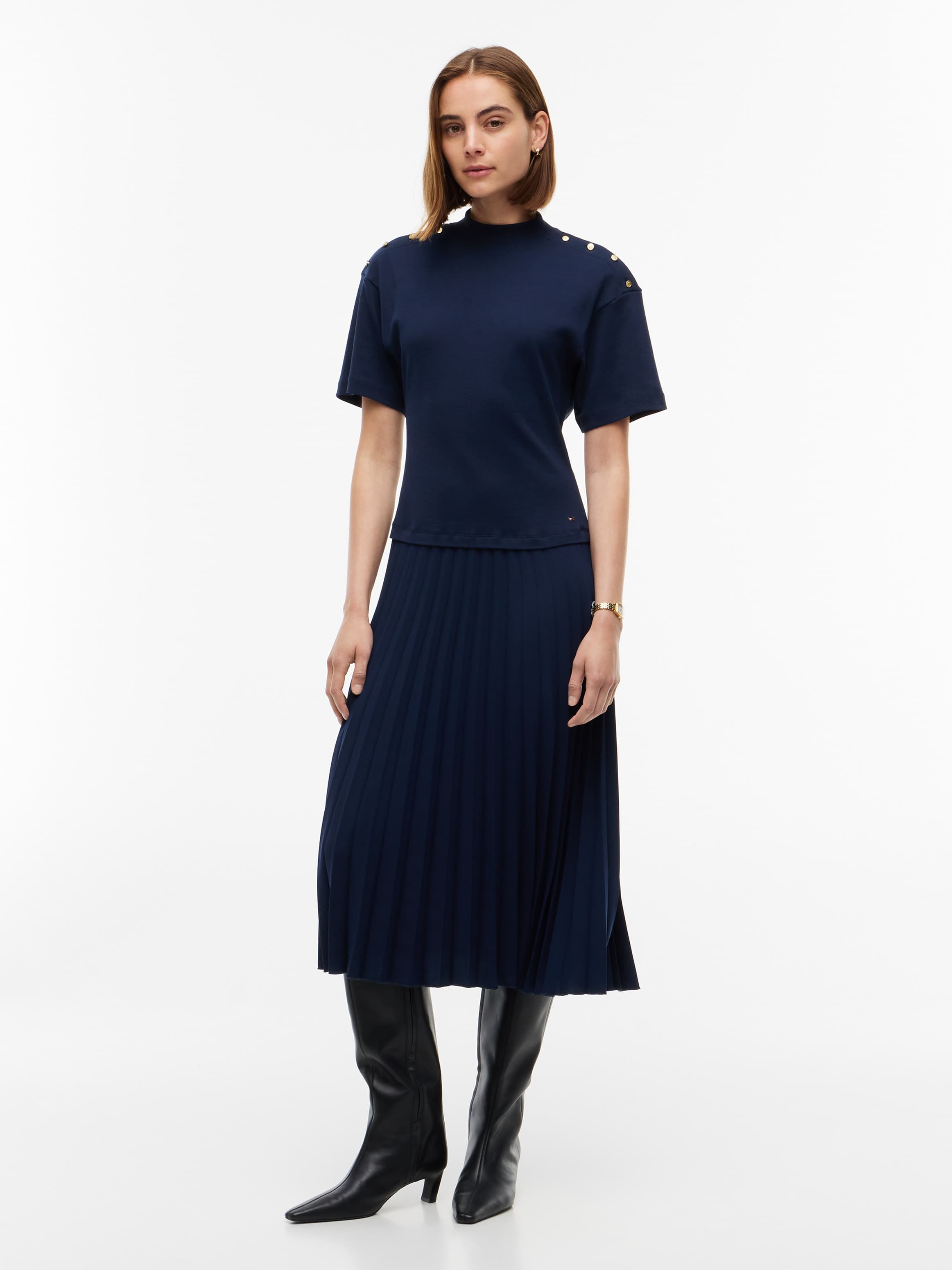 Gold-Tone Button Mock Neck Pleated Dress