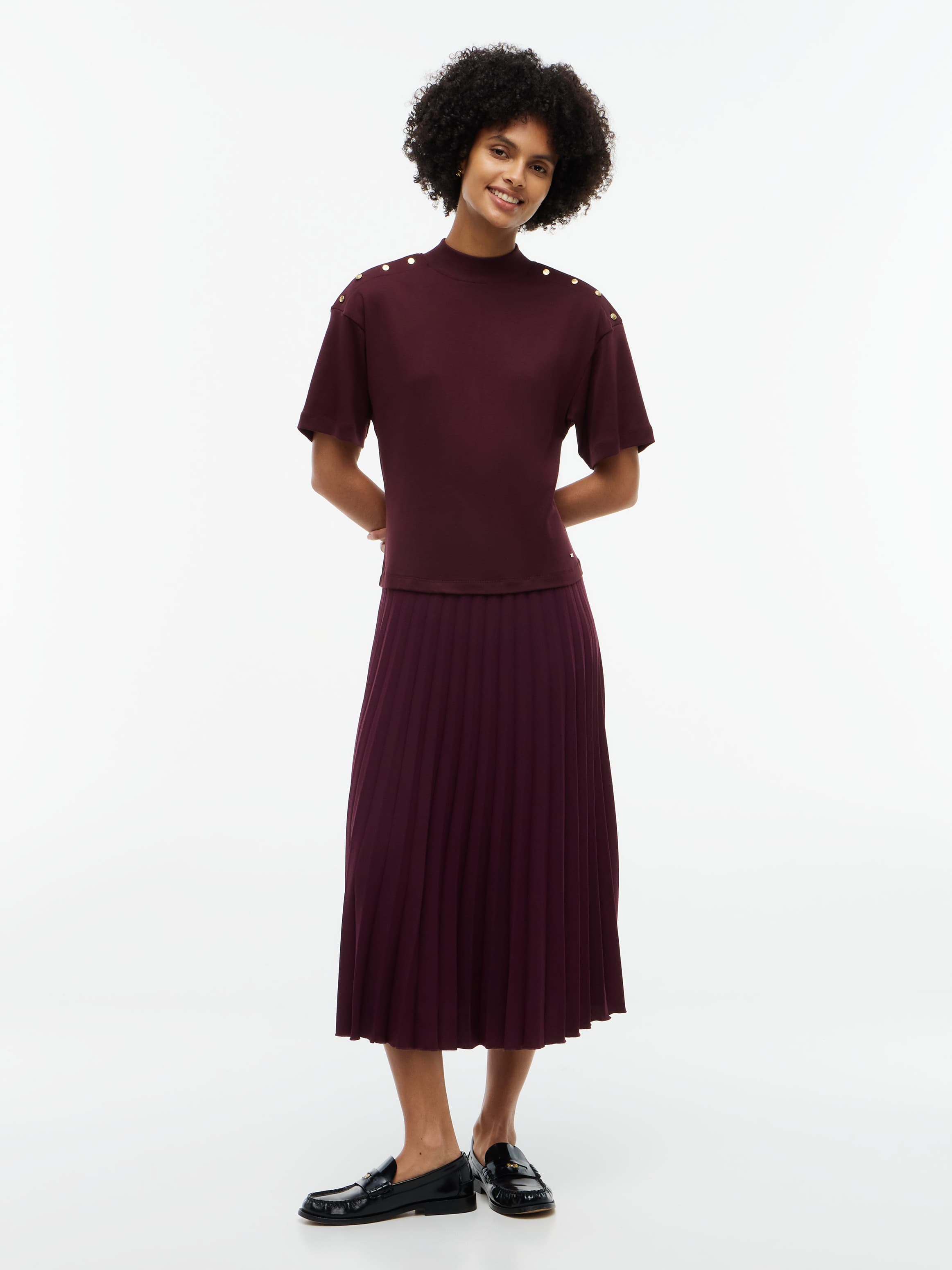 Gold-Tone Button Mock Neck Pleated Dress