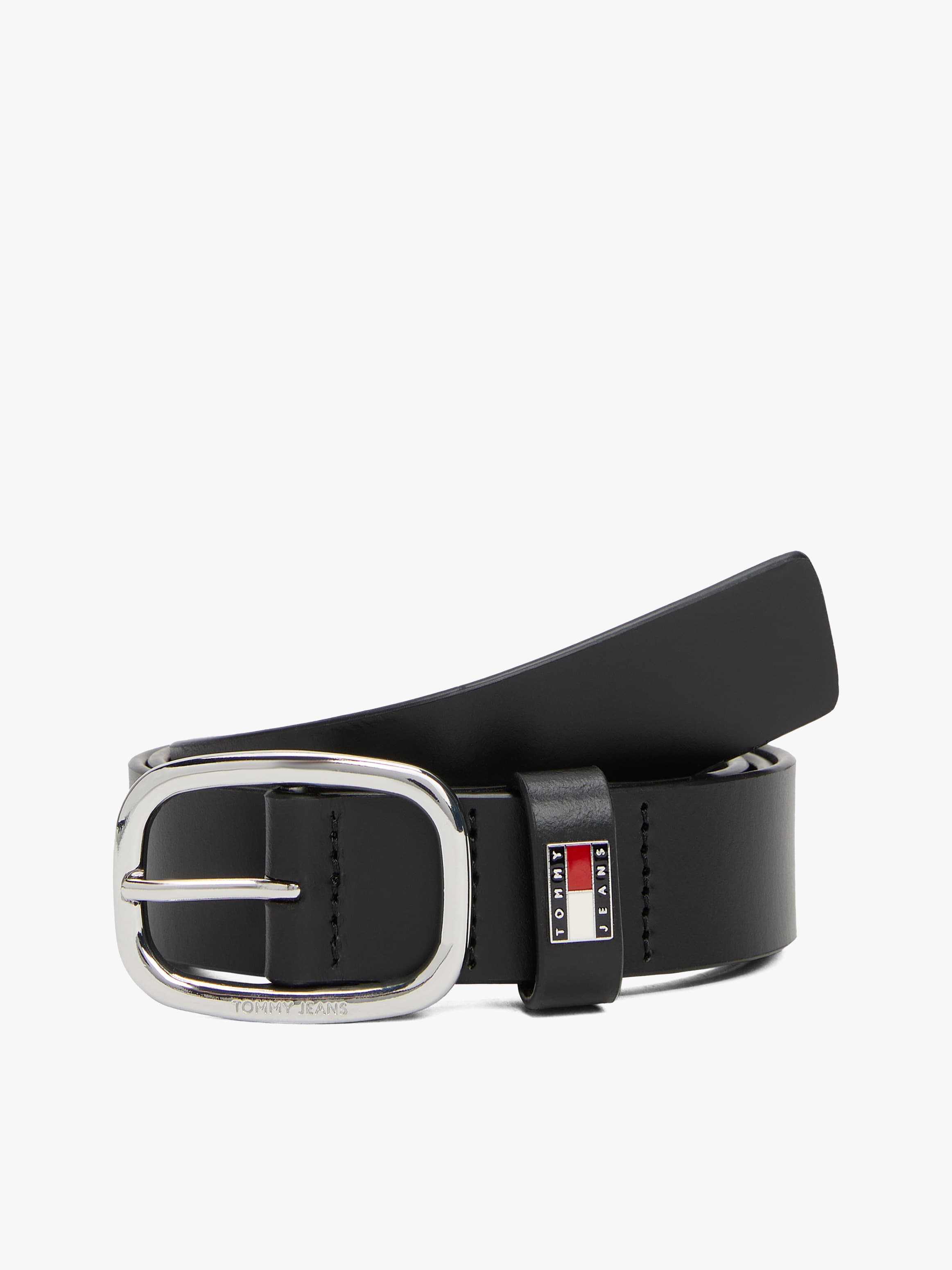 Oval Buckle Debossed Logo Leather Belt