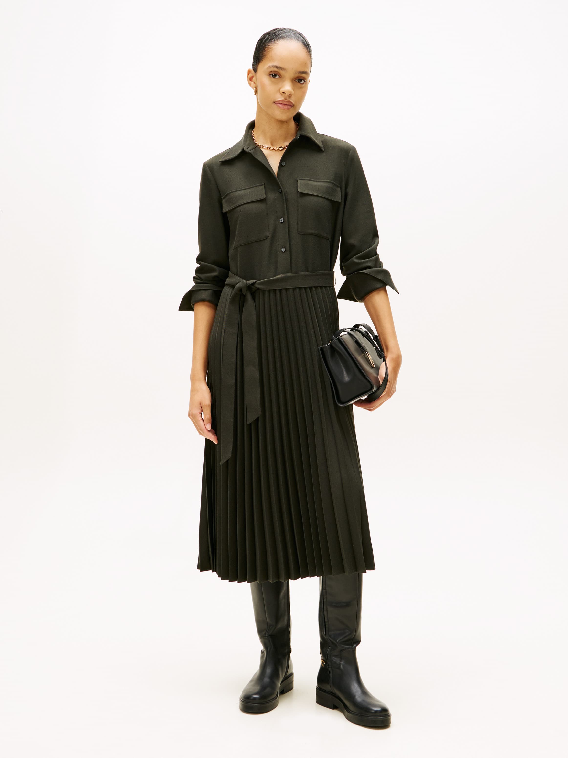 Pleated Relaxed Midi Shirt Dress