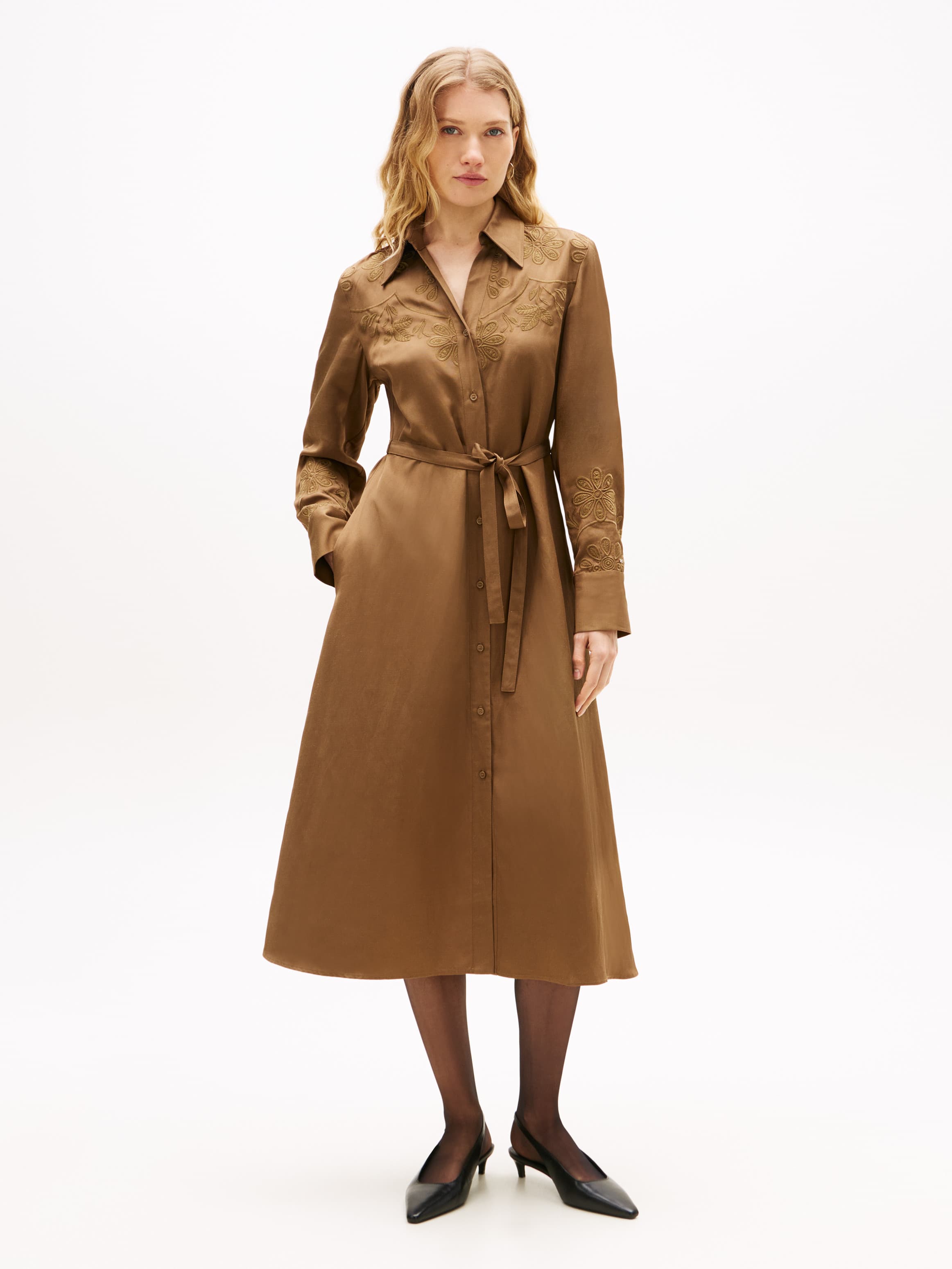 Floral Embroidery Midi Shirt Dress with Linen
